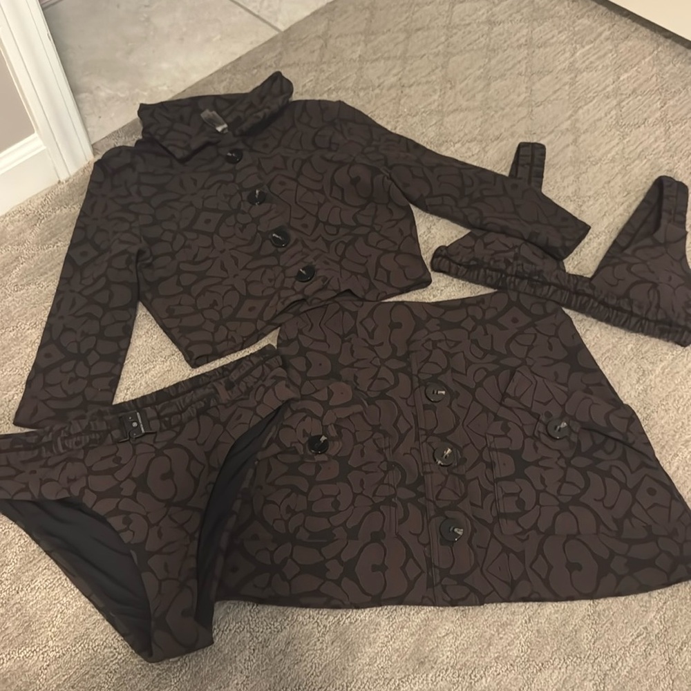 DEVON WINDSOR jacket bikini set and skirt sz xs brown and blk print